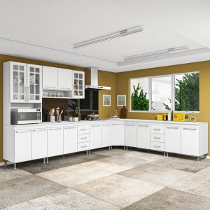Cozinha Modulada Completa Fidelitá Viena 7 Peças 600 Cm 16 Portas 6 Gavetas Com Tampo Branco