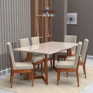 Conjunto Mesa com Vidro Pés Madeira Maciça 6 Cadeiras Madeira Dakota Tecido A40 Móveis