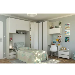 Guarda Roupa Solteiro com Espelho e Escrivaninha Legno Crema com Branco Prime Luciane Móveis - Kit
