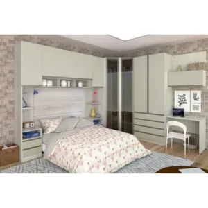 Guarda Roupa Casal de Canto Vidro Reflecta com Escrivaninha Legno Crema Kashmir Prime Luciane Móveis - Kit