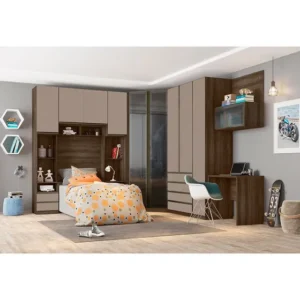Guarda Roupa Solteiro de Canto Vidro Reflecta com Escrivaninha Nogueira Connect Prime Luciane Móveis - Kit