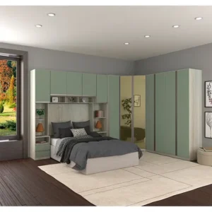 Guarda Roupa Canto Casal com Vidro Reflecta Legno Crema com Verde Jade Prime Luciane Móveis - Kit